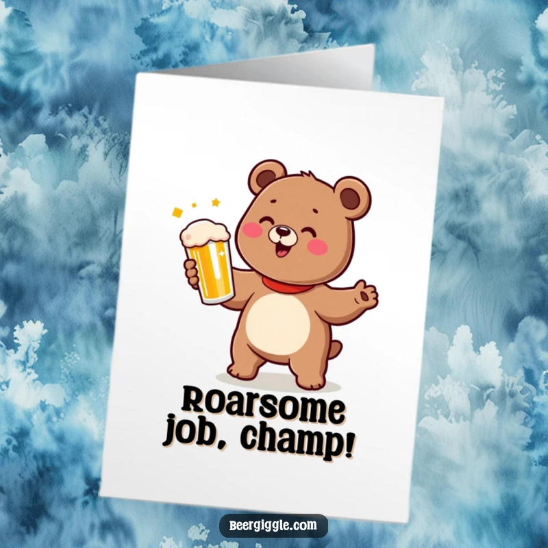 Funny Free Printable Congratulations Card of a cute bear happily dancing and holding a beer.