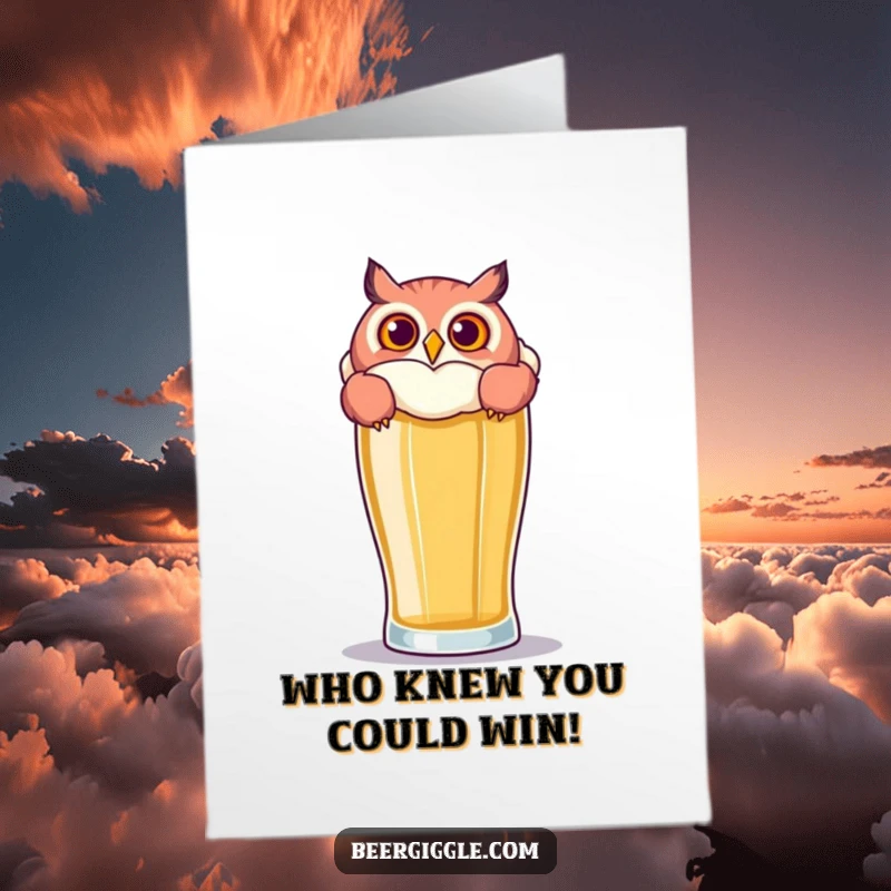 Funny Free Printable Congratulations Card: A playful owl peers over a large beer glass, cheering for success.