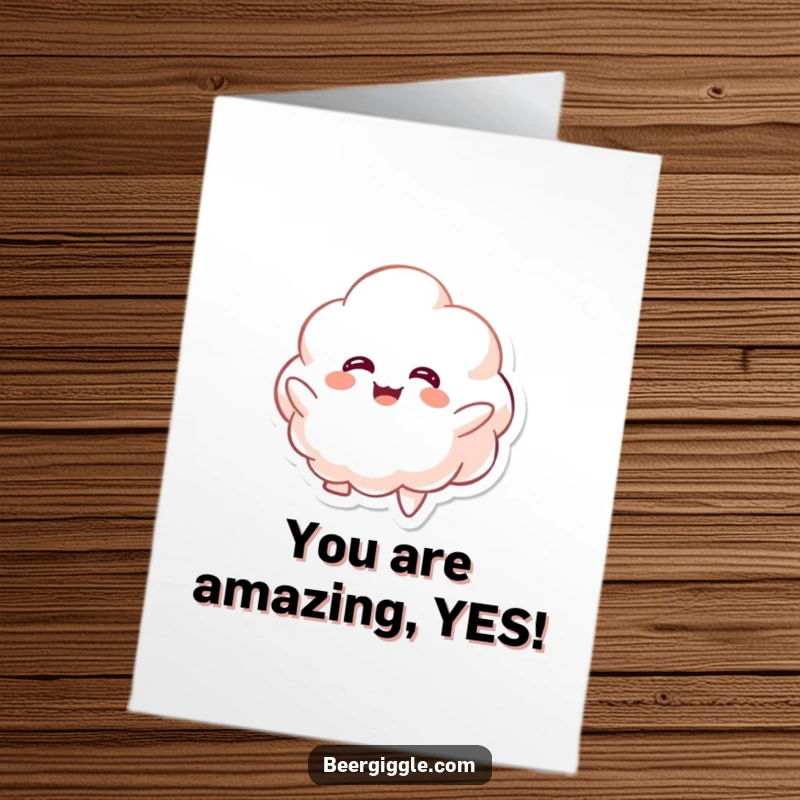 Funny Free Printable Congratulations Card with a kawaii foamy character giggling while floating upwards, celebrating good news.