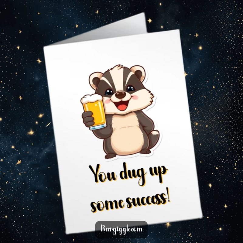 Funny Free Printable Congratulations Card: Delighted badger character toasting with a beer, celebrating a win.