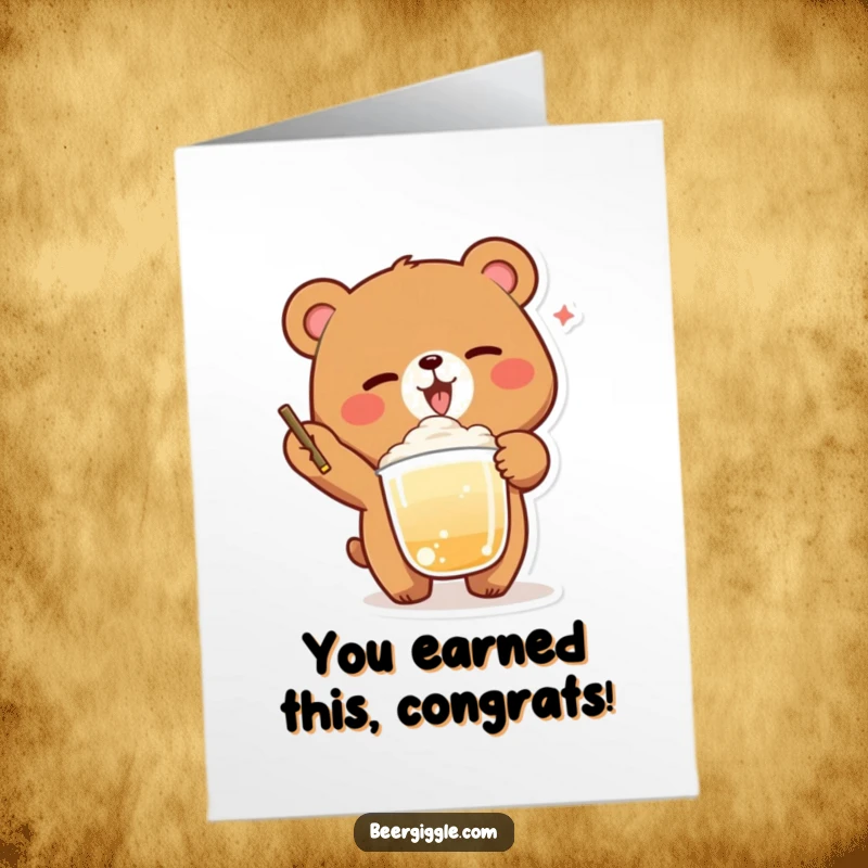 Funny Free Printable Congratulations Card: A winking bear happily balances a foamy drink, celebrating success.