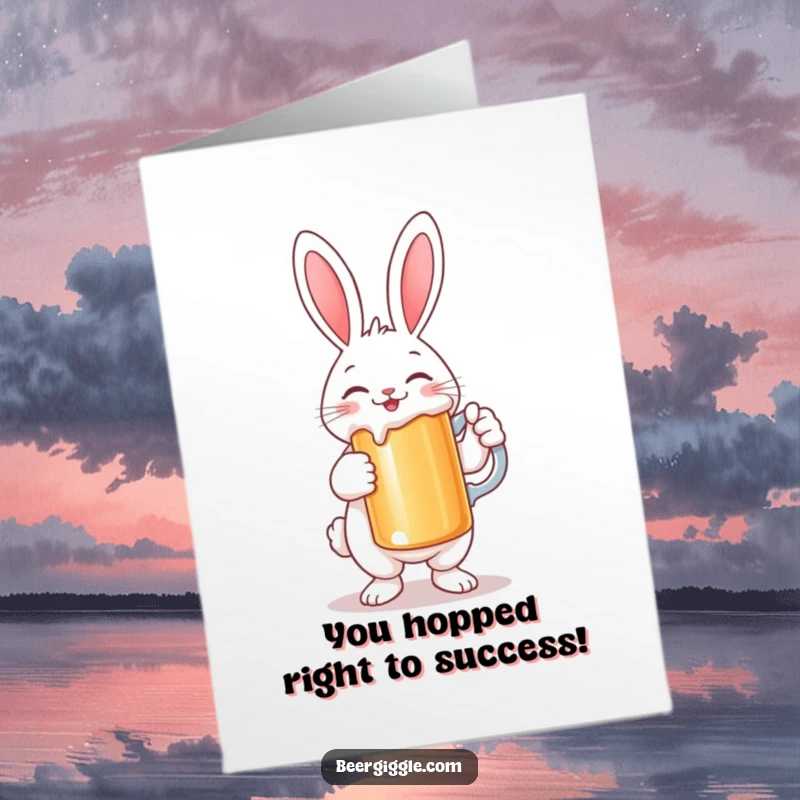 Funny free printable congratulations card featuring a smiling rabbit character holding a large stein, celebrating a great achievement.