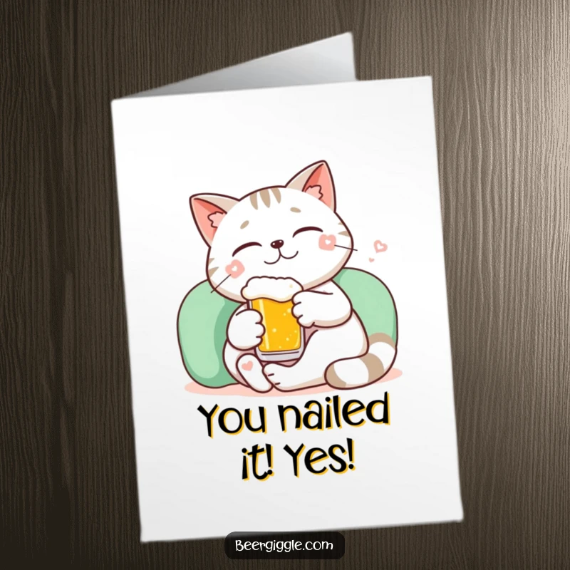 Funny free printable congratulations card: A kawaii cat in a relaxed pose holding a small beer, smiling.