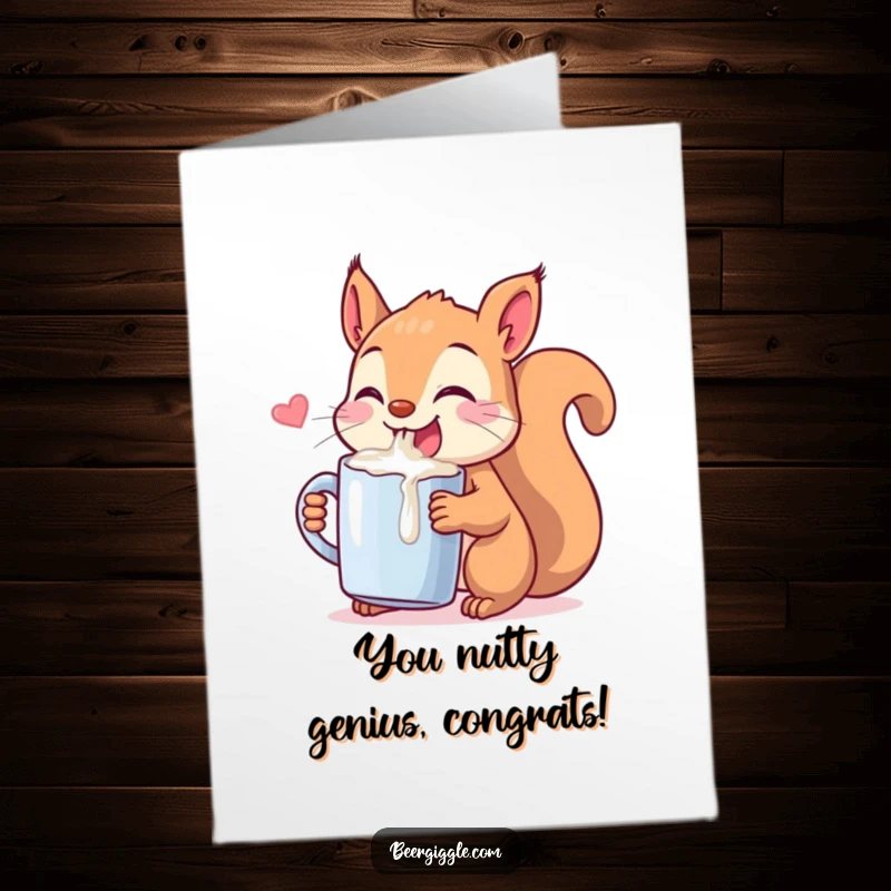 Funny Free Printable Congratulations Card of a mischievous Kawaii squirrel gleefully chugging from a tiny mug, celebrating success.