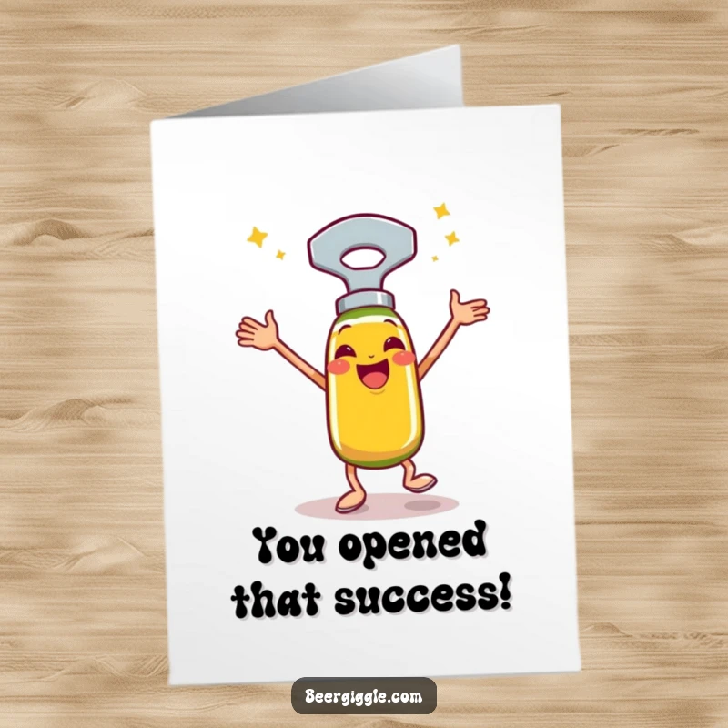 Funny Free Printable Congratulations Card with a happy bottle opener doing a celebratory jig, ideal for winners.