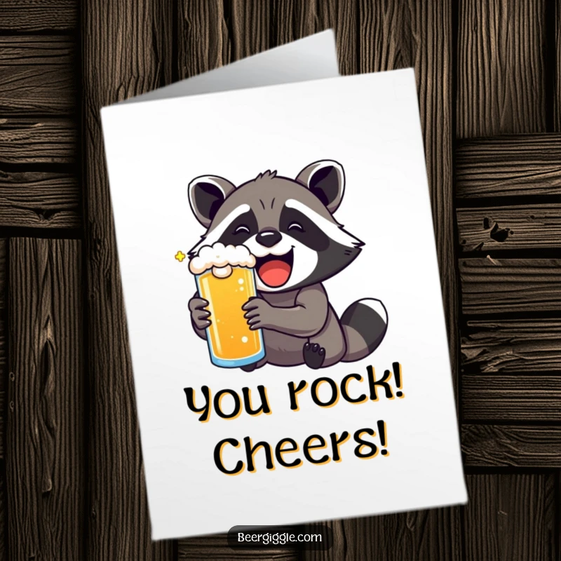 Funny free printable congratulations card: A kawaii raccoon beaming with joy while drinking a frothy beer.