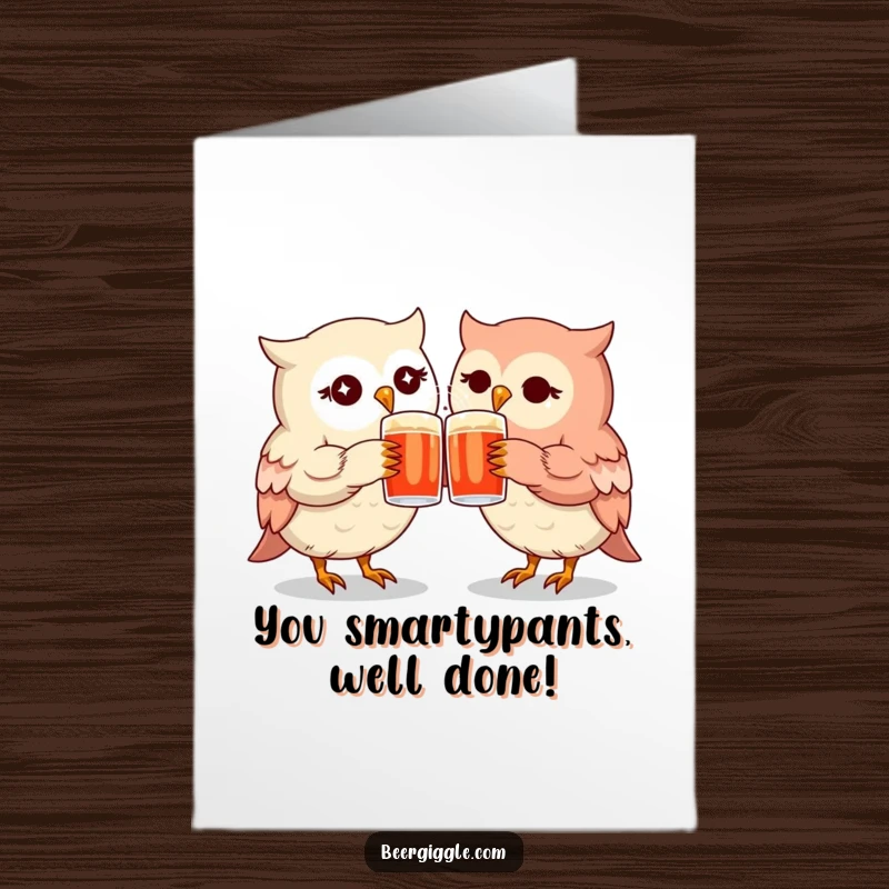 Funny Free Printable Congratulations Card featuring two kawaii owls with twinkling eyes clinking their mugs, celebrating an achievement.