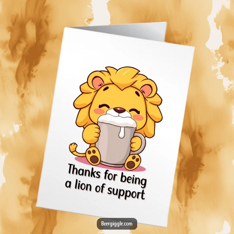 Funny Free Printable Thank You Card: A content lion sips from a foaming mug, offering thanks with class.