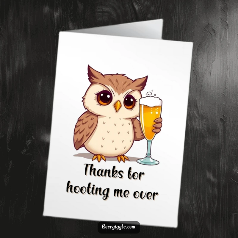 Funny Free Printable Thank You Card: A curious owl character intently admiring a pint of beer, expressing gratitude.