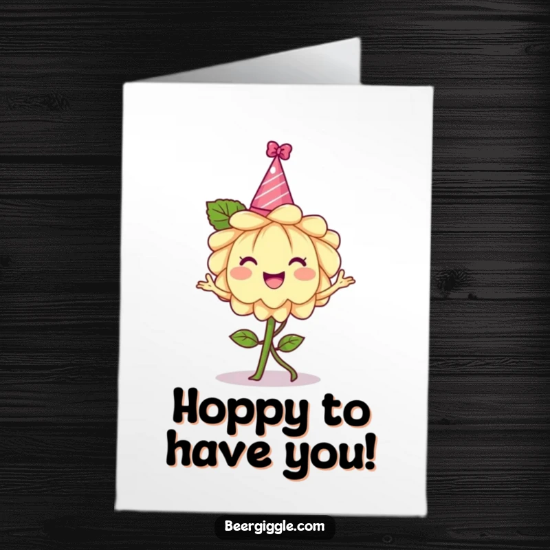 Funny Free Printable Thank You Card of a cheerful hops flower dancing with a tiny party hat, conveying thanks.