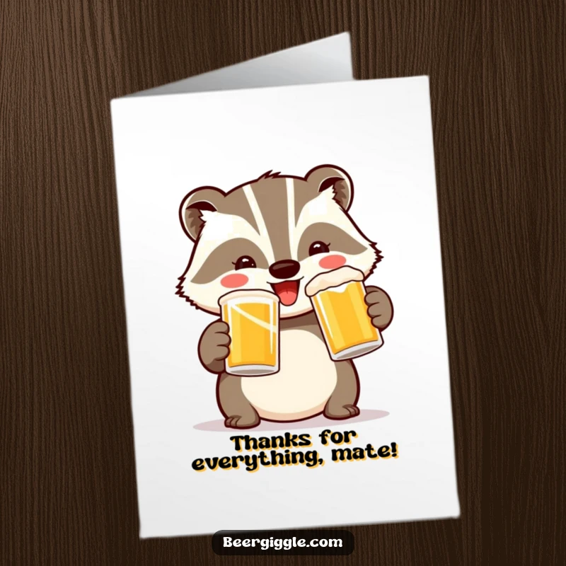 Funny Free Printable Thank You Card: Cheerful badger clinks mugs in a toast, expressing gratitude.