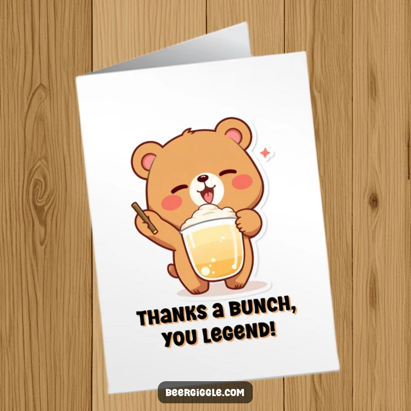 Funny Free Printable Thank You Card: A delighted bear with a wink holds a foamy drink, expressing thanks.