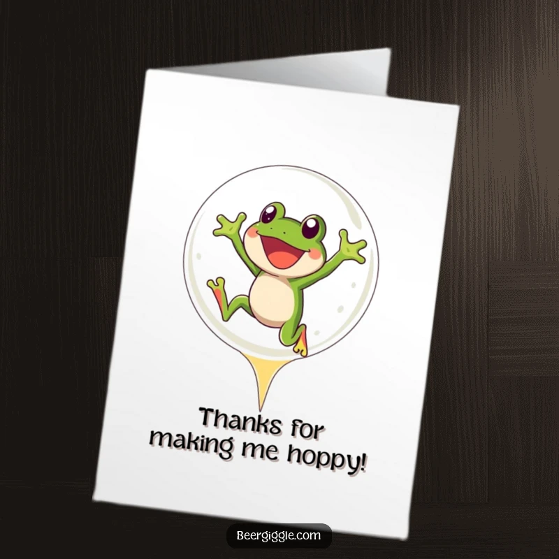 Funny Free Printable Thank You Card: A cheerful frog leaps into a beer bubble, expressing thanks with bubbly enthusiasm.