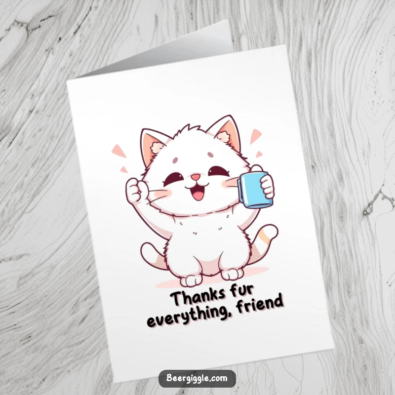 Funny Free Printable Thank You Card: Kawaii cat cheers with a mug, expressing thanks with feline flair.