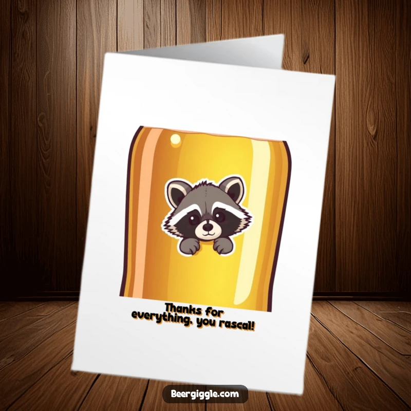Funny Free Printable Thank You Card: A curious raccoon peeks from behind a large beer bottle, offering thanks.