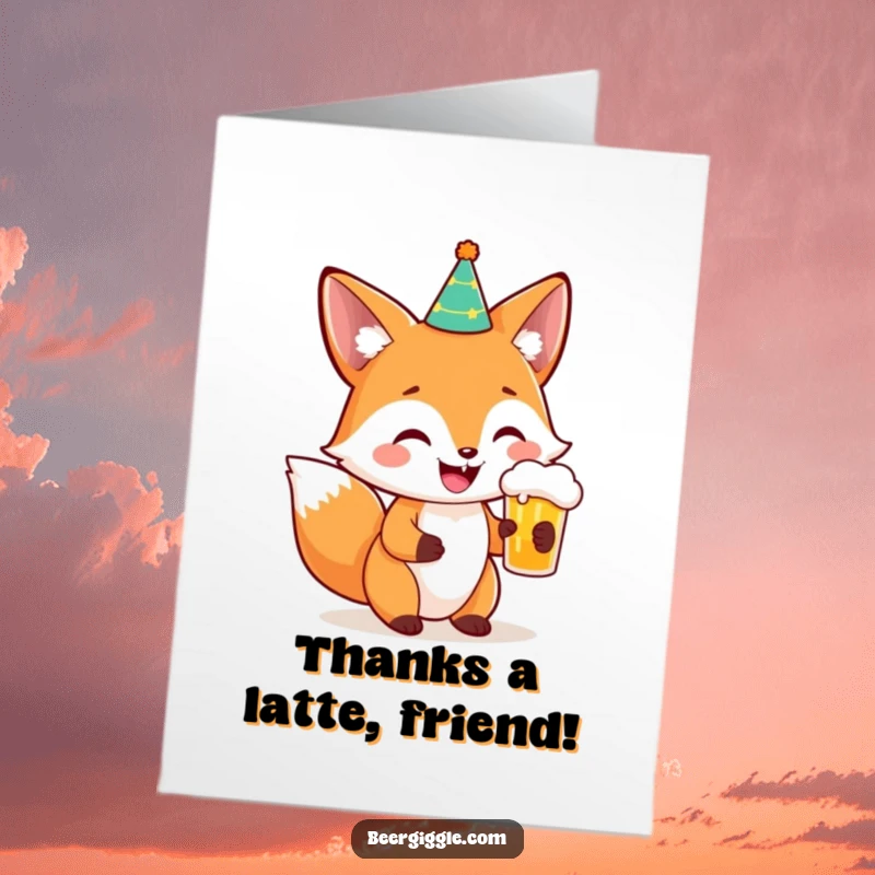 Funny Free Printable Thank You Card: Fox cheers with beer, expressing thanks with a smile.