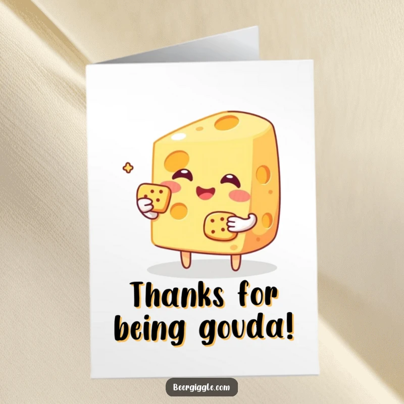 Funny Free Printable Thank You Card: A cheerful cheese slice character toasting with a cracker in appreciation.