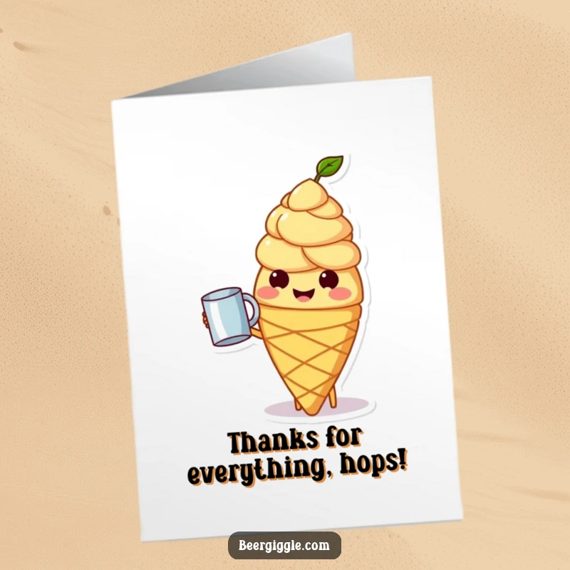 Funny Free Printable Thank You Card: A happy hops cone character raising a tiny mug to say thanks.