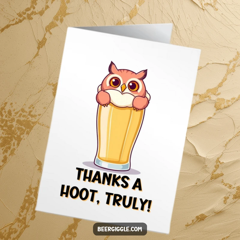 Funny Free Printable Thank You Card: A playful owl emerges from a large beer glass, saying thanks.