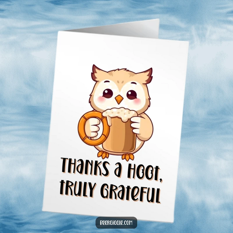 Funny Free Printable Thank You Card: Grateful kawaii owl clinks a pretzel mug, spreading thanks with a cheerful wink.