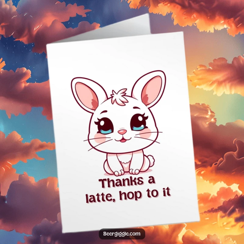 Funny Free Printable Thank You Card: A sweet kawaii bunny winks with a full mug, sending thanks.