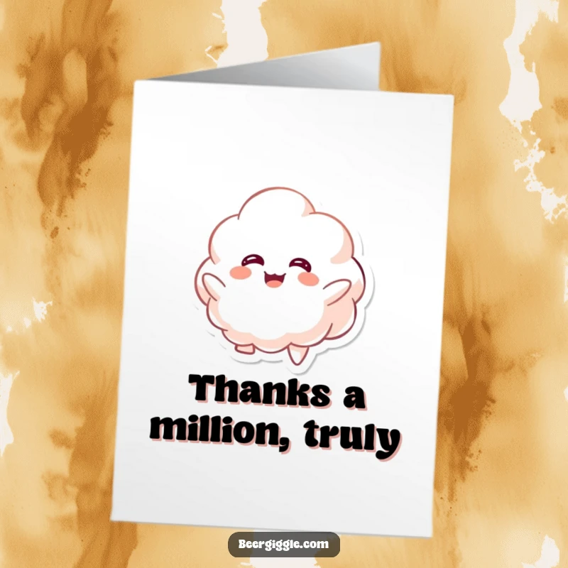 Funny Free Printable Thank You Card featuring a kawaii foamy character giggling while floating upwards, expressing thanks.