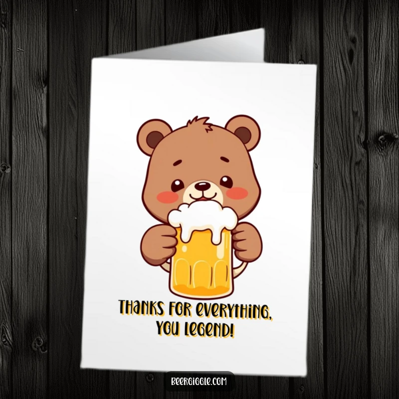 Funny free printable thank you card featuring a happy bear character clinking a beer mug to express appreciation with humor.