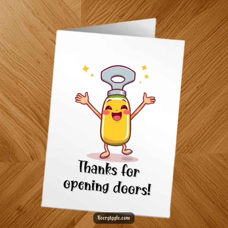 Funny Free Printable Thank You Card of a happy bottle opener caught mid-jig, expressing gratitude with flair.