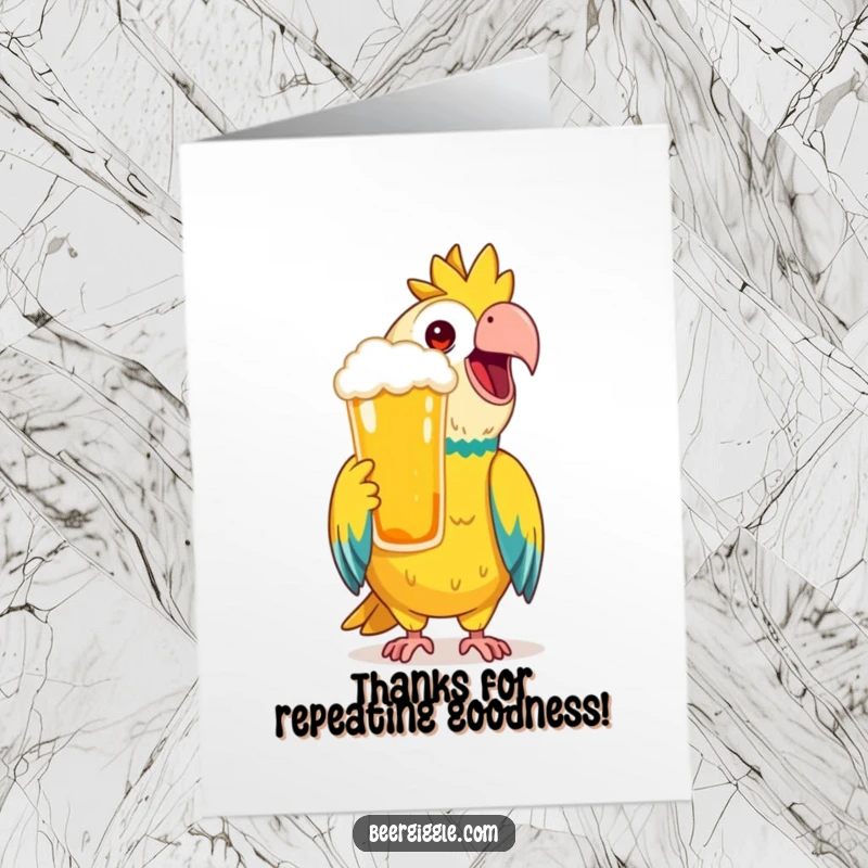 Funny Free Printable Thank You Card: Happy parrot mimicking a toast with a frothy beer.