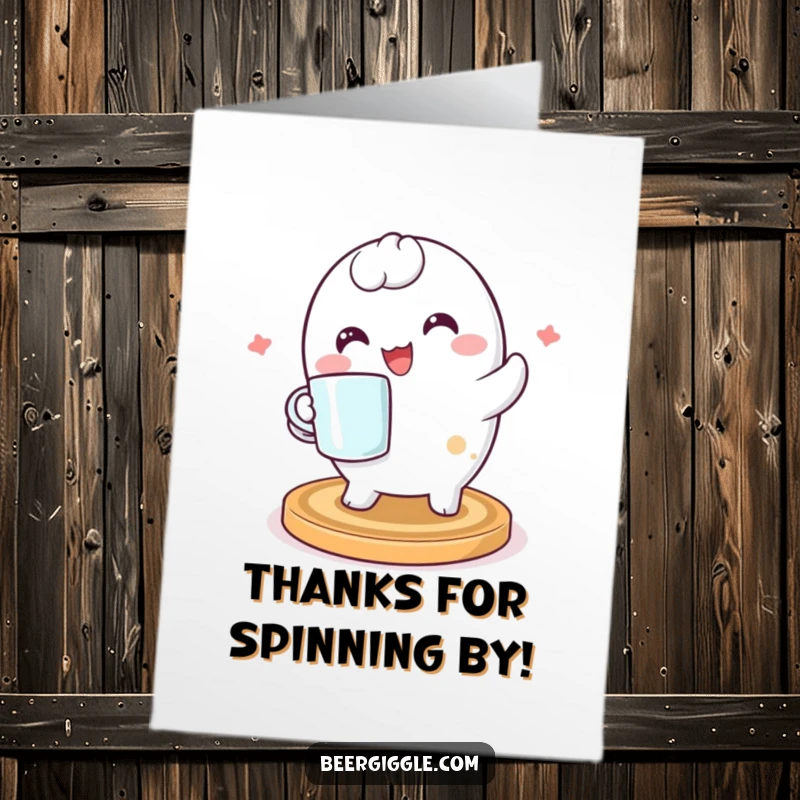 Funny Free Printable Thank You Card: Kawaii coaster character holding a mug, expressing heartfelt thanks with a smile.