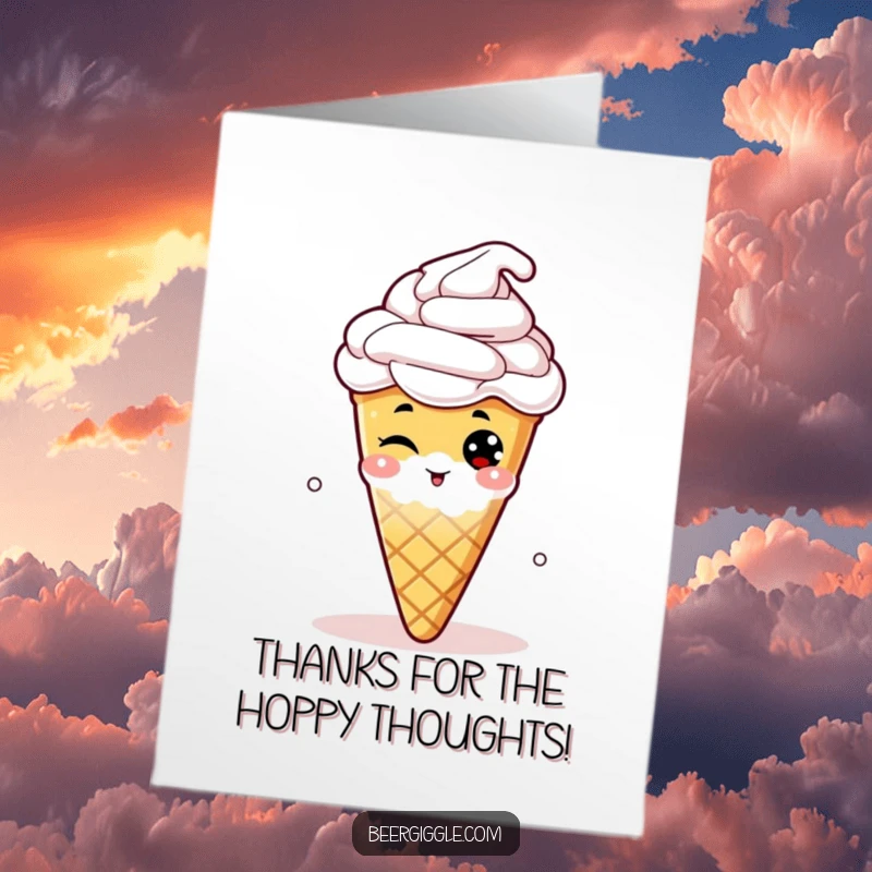Funny free printable thank you card featuring a cheeky hop cone winking from a foamy beer, offering thanks with a mischievous grin.