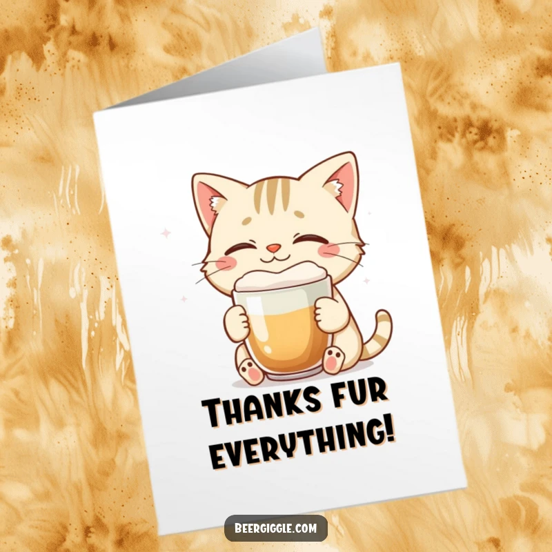 Funny Free Printable Thank You Card of a smiling cat with closed eyes savoring a foamy brew.