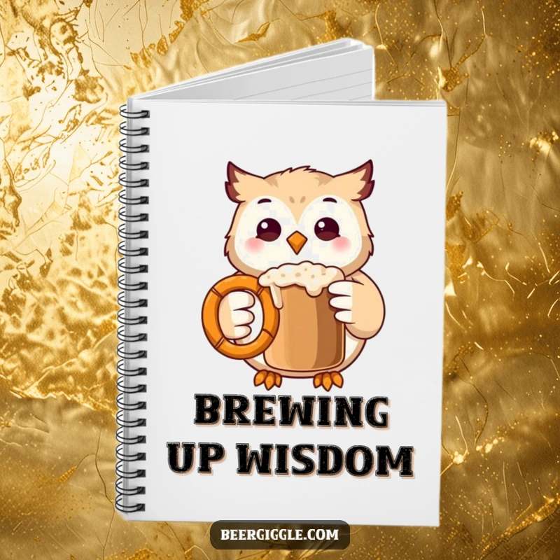 Funny Kawaii Owl Notebook: Cute owl character clinks a pretzel mug, perfect for journaling or sketching funny ideas.