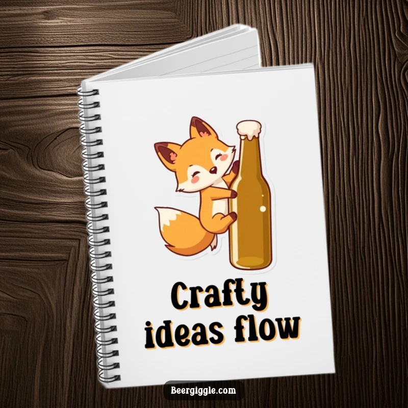 Funny Kawaii Fox Notebook: Cute fox character slides down a beer bottle, perfect for jotting down ideas with a playful touch.