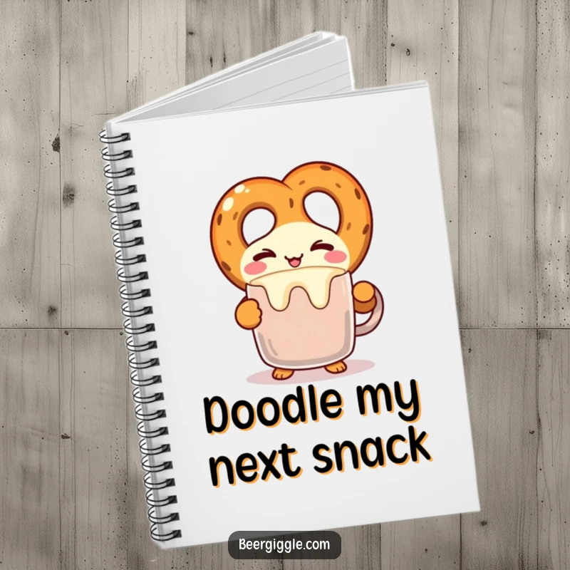 Funny kawaii pretzel character winking while balancing a frothy mug on a notebook, inspiring creative and fun notes. Useful gift.