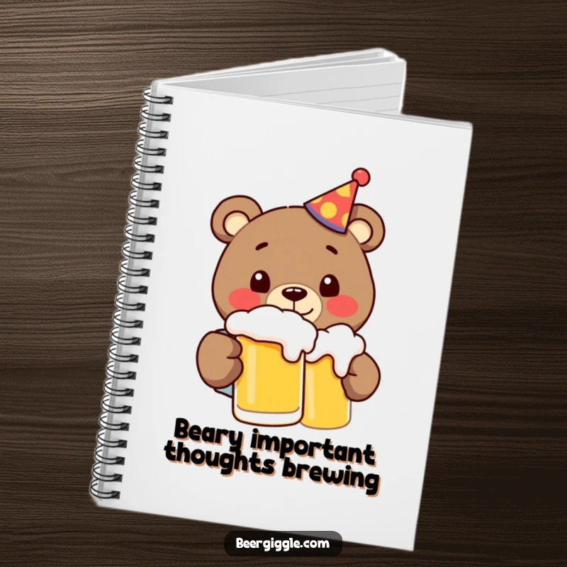 Funny bear in a party hat, enjoying beer, on a notebook cover, ready to capture hilarious thoughts and ideas.