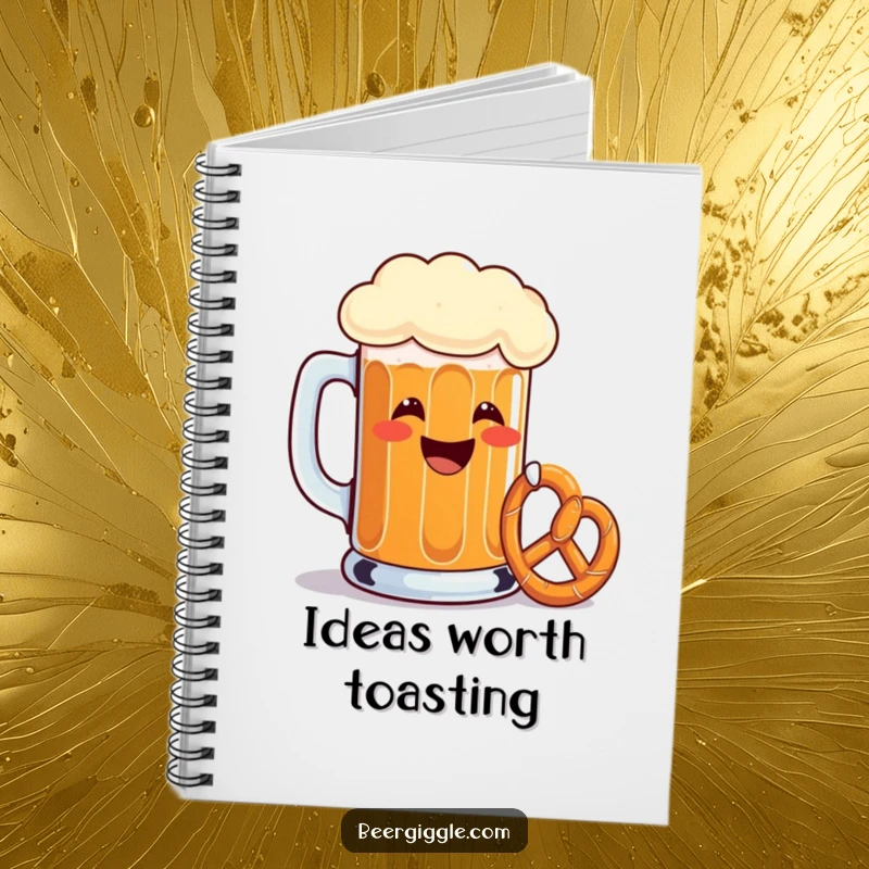 Funny beer mug notebook, grinning, toasting with a tiny pretzel, journal, stationery, writing pad, humorous cover.