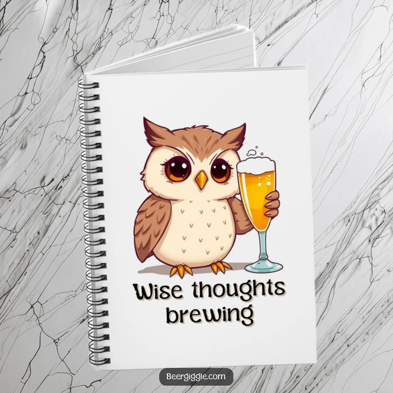 Funny notebook with a curious owl character admiring a beer glass, ideal for jotting down humorous thoughts.