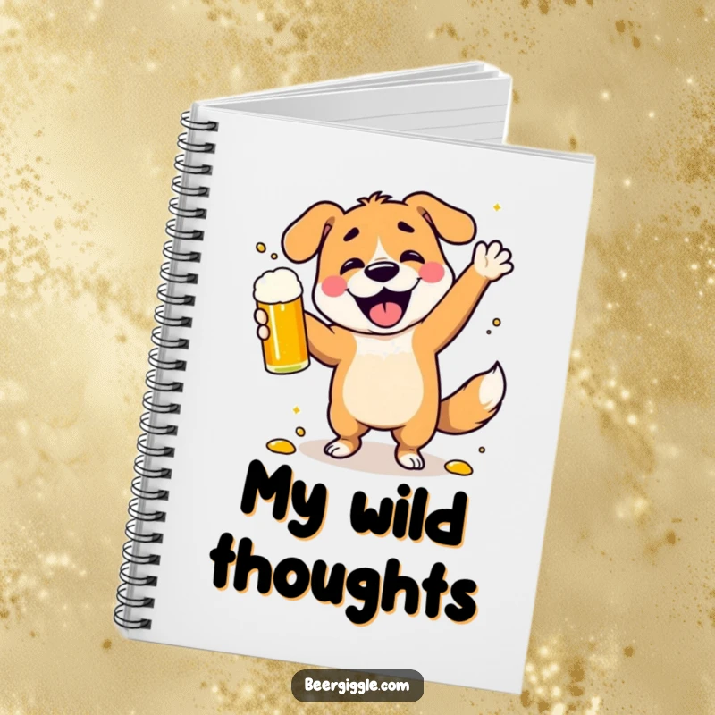 Funny dancing dog notebook, a character spilling beer while celebrating, perfect for journaling, notes, and creative bursts.