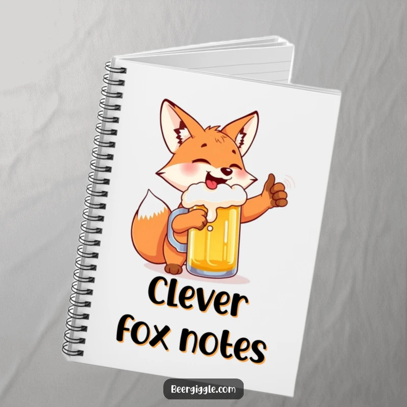 Funny fox beer high-five notebook, showing a mischievous fox celebrating with a beer, perfect for jotting down witty ideas.