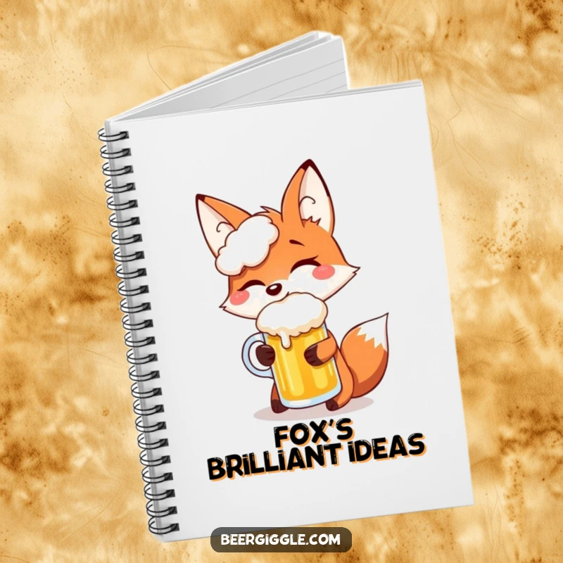 Funny fox giggling while balancing a beer mug on its snout, on a notebook cover, ready for witty ideas and plans.