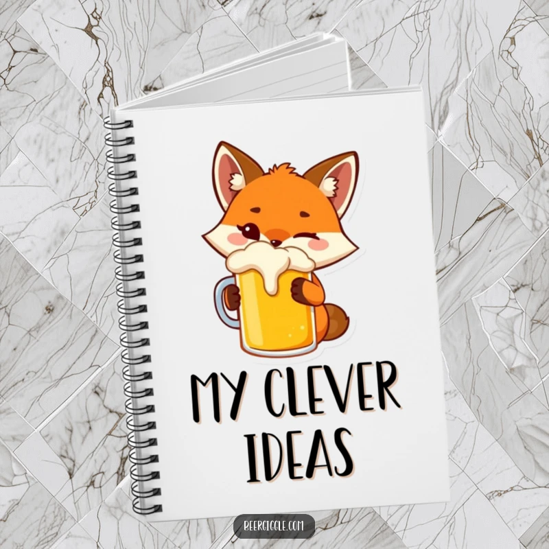Funny fox notebook with a playful character winking while toasting a beer mug, for notes.