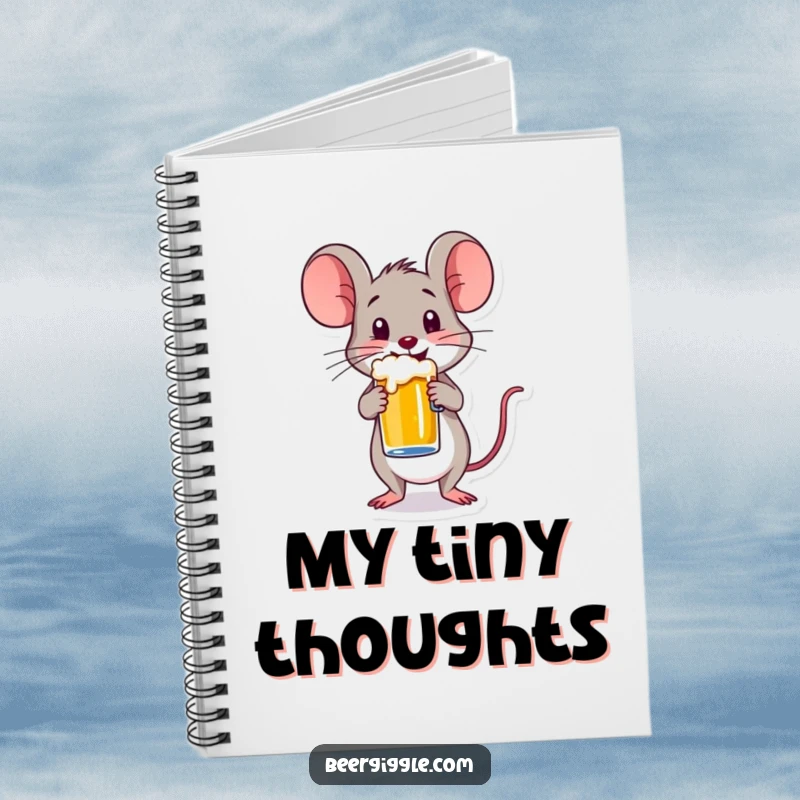 Funny notebook cover with a happy mouse character balancing a small beer mug, great for jotting down ideas with a cute twist.