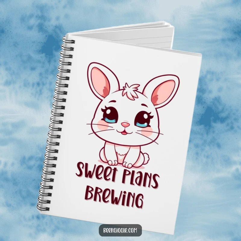 Funny Kawaii Bunny Notebook: Cute bunny character winks holding a full mug, perfect for jotting down ideas with a sweet, humorous touch.