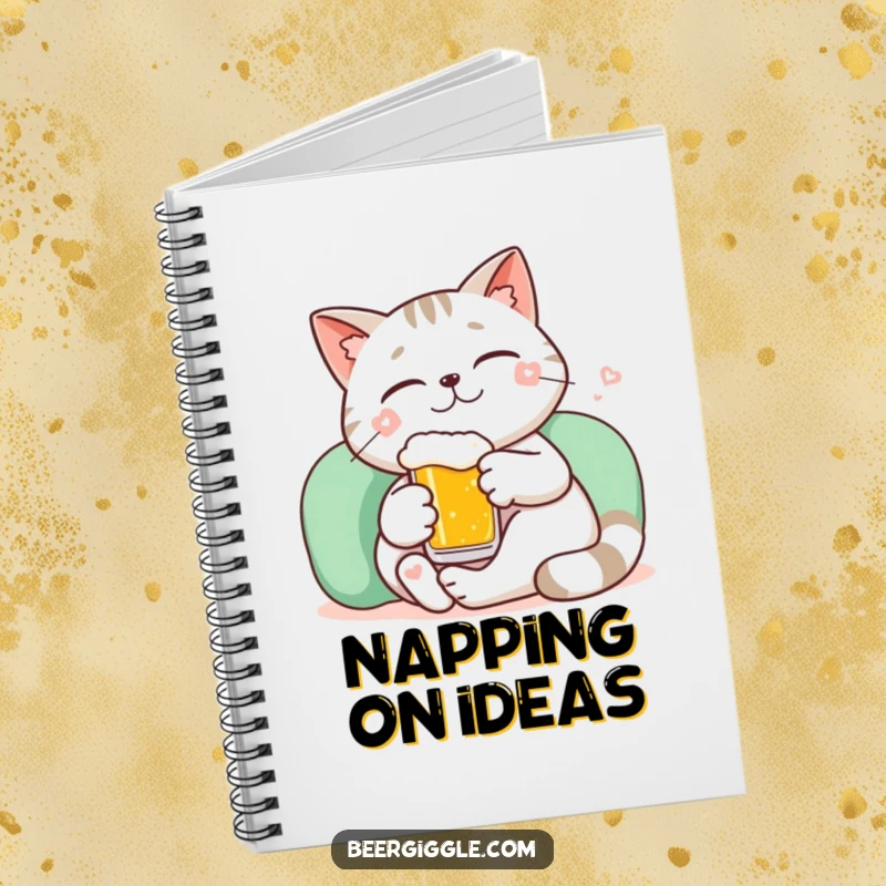 Funny kawaii cat lounging with a tiny beer and a smile, adorning a notebook.
