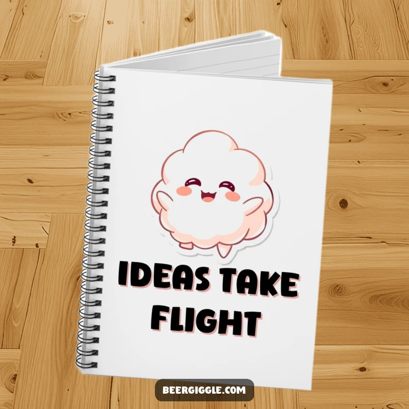 Funny kawaii foamy character giggling while floating upwards on a notebook, inspiring cheerful and fun notes. Useful gift.