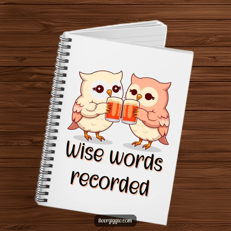 Funny kawaii owl mugs notebook with twinkling owls clinking, ideal for jotting down memories and ideas.