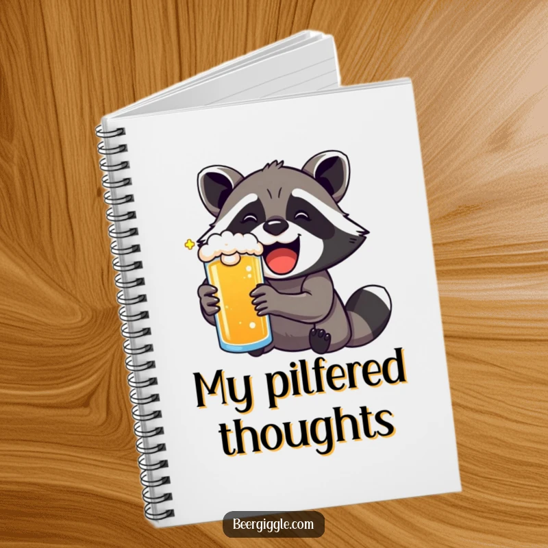Funny kawaii raccoon with exaggerated delight drinking a beer, adorning a notebook.