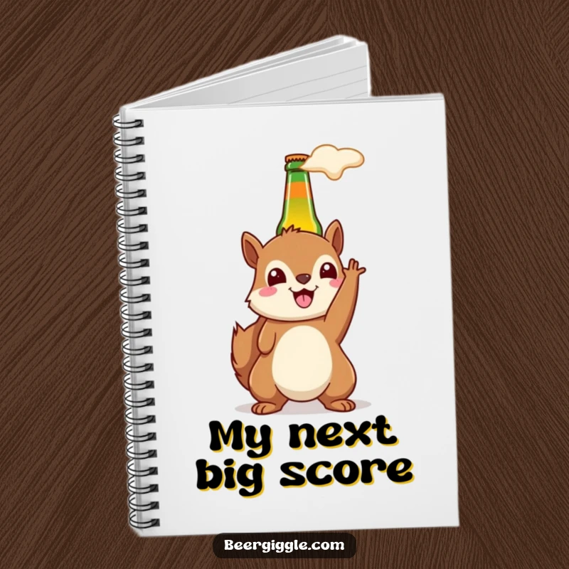 Funny kawaii squirrel beer notebook with a happy squirrel holding a beer bottle aloft, good for party planning.