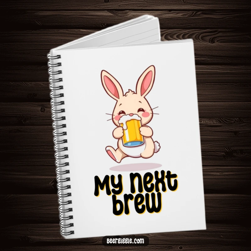 Funny rabbit character joyfully hopping with a beer mug, spiral notebook, ideal for notes, journaling, and creative writing.